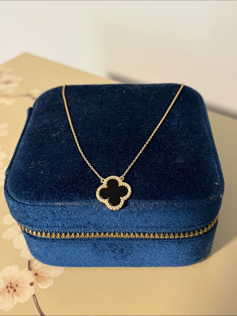18k Gold Vermeil Chain Necklace Black Onyx Clover Pendant over 925 Silver